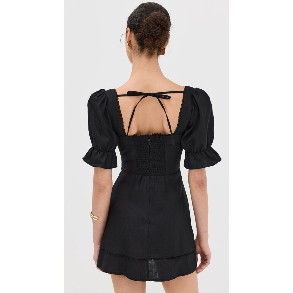 NWT Reformation Evianna in Black Linen Lace Trim Tie Back Mini Dress 10 $248 - Picture 4 of 11